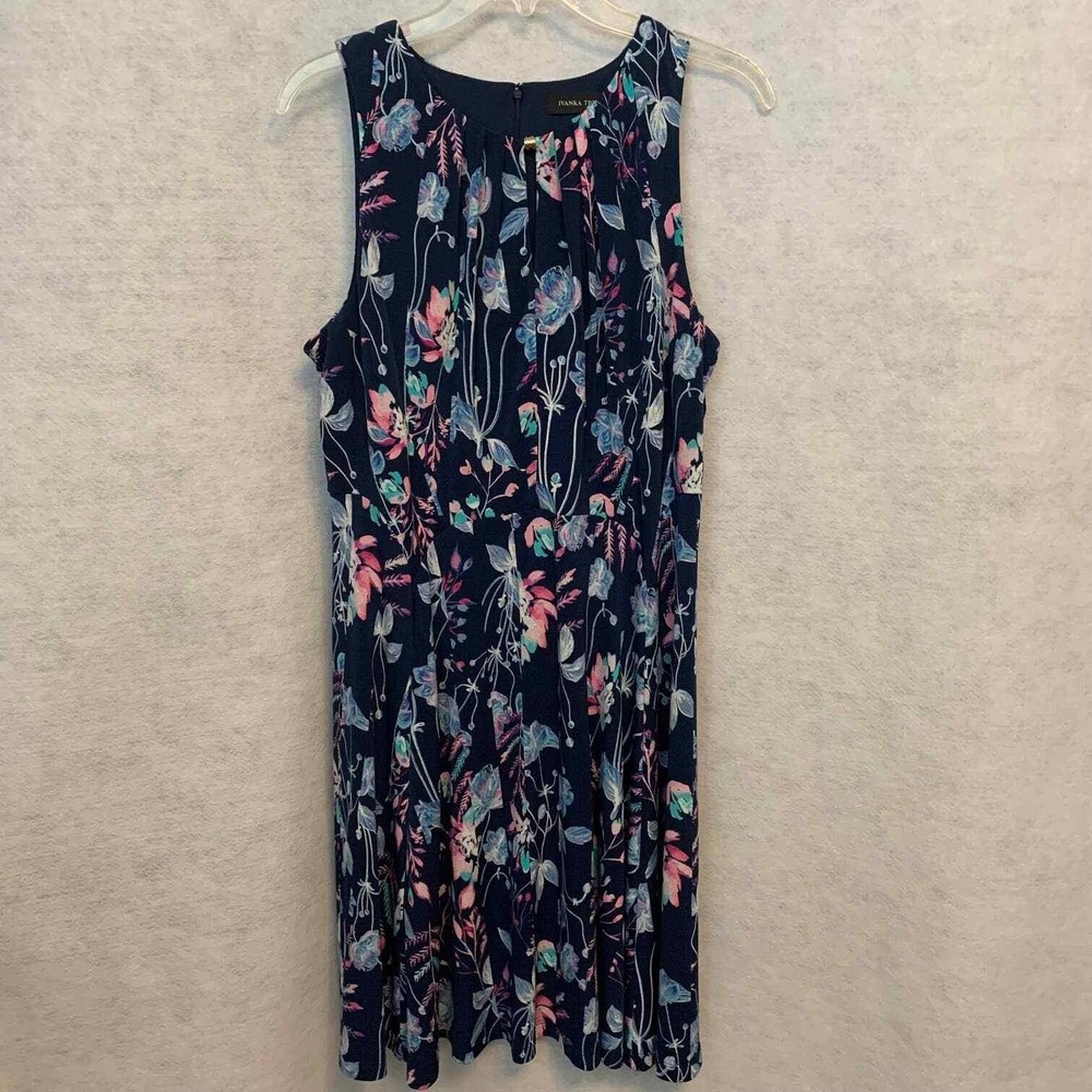 Ivanka Trump Dress Womens Navy Blue Floral Fit Flare Pleated Petite Size 6